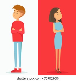 Cartoon man and woman quarrel. Concept picture about relationship for web-sites, banners, magazines, books, t-shirt print or other design project isolated on background. Vector illustration.