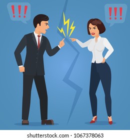 Cartoon Man and woman quarreling. Angry office people quarrel vector flat illustration.