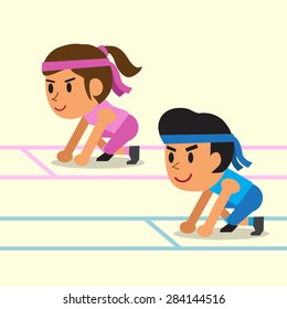 Cartoon a man and a woman ready to run