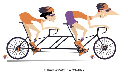 Cartoon man and woman rides a tandem bike isolated. Smiling man and woman in helmets rides on the double bike isolated on white illustration 
