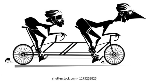 Cartoon Man And Woman Rides A Tandem Bike Isolated. Smiling Man And Woman In Helmets Rides On The Tandem Bike Black On White Illustration Vector 
