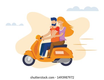 Cartoon Man and Woman Riding Flat Motorcycle on Romantic Date. Exciting Trip on Vacation. Honeymoon and Relationship Creation. People Character in Love and Voyage. Vector Cutout Illustration