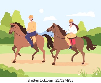 Hombre de caricatura y mujer montando caballos al aire libre. Personajes masculinos y femeninos aprendiendo a manejar ilustraciones vectoriales planas de la escuela. Cabalgatas, concepto deportivo para banner o página web de aterrizaje