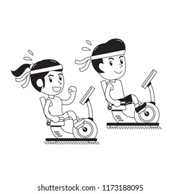 Cartoon a man and a woman riding recumbent exercise bikes for design.