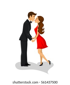 Cartoon Man and woman, romantic couple in evening outfit kissing, holding hands