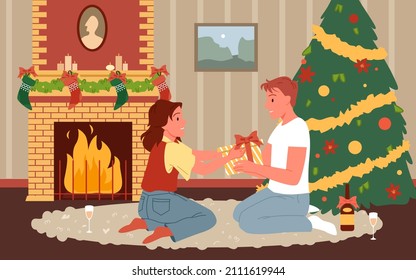 Cartoon man and woman sit on floor with present box near fireplace, people celebrate at home living room with festive fir tree background. Christmas exchange gifts of happy family vector illustration