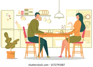 Cartoon Man Woman Sit at Table in Kitchen Room Talking. Eating Dinner At Home Vector Illustration. Romantic Date. Happy Family Evening Together. Husband Wife Love, Couple Relationship.