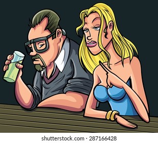 Cartoon man and woman sitting at a bar. 