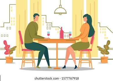 Cartoon Man Woman Sitting at Table near Window Drink Wine. Romantic Date in Restaurant Vector Illustration. Boyfriend Girlfriend Celebrate Valentines Day. Husband Wife Love, Couple Relationship.