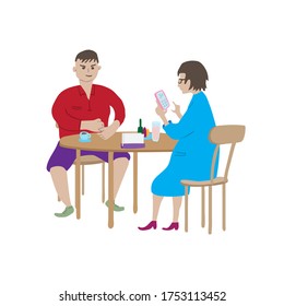 Cartoon man and woman are sitting at table in cafe. Guy with cup of coffee. Lady with glass of soda and smartphone.