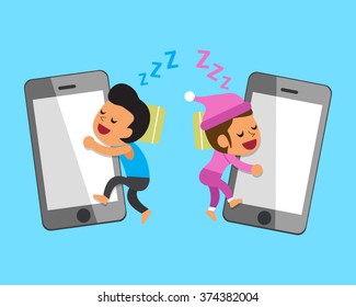 Cartoon man and woman sleeping with smartphones