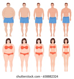 Cartoon man and woman slimming stage. Before and after diet people cartoon vector illustration.