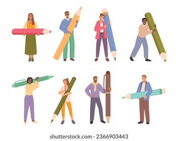 Cartoon man and woman, small people holding big pencils flat vector illustration. Writer or blogger, journalist or interviewer, screenwriter or copywriter, draftsman or author human character