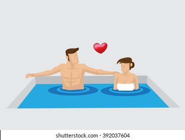 Cartoon man and woman soaking in private spa pool and enjoying relaxing bath together. Vector illustration on couple spa retreat concept isolated on on plain background.