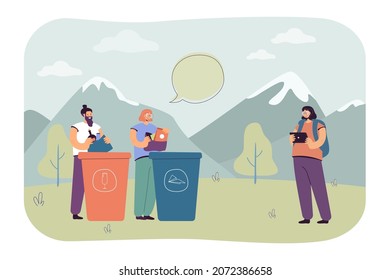 Cartoon man and woman sorting garbage into recycle bins outdoors. Female hiker with tablet, people cleaning area flat vector illustration. Ecology, recycling concept for banner or landing web page