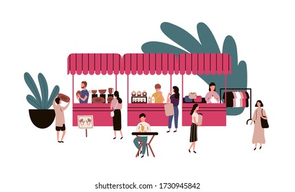 Cartoon man and woman spending time at outdoors market vector flat illustration. Crowd of people looking, buying goods or food walking between stalls or kiosks isolated on white background