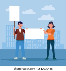 cartoon man and woman standing holding a blank sign over urban city buildings background, colorful design, vector illustration