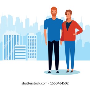 cartoon man and woman standing over urban city landscape background, colorful design. vector illustration