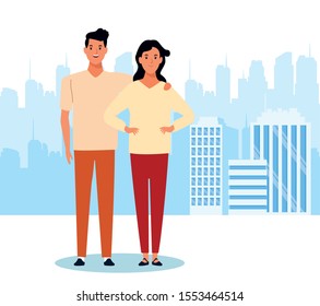 cartoon man and woman standing over urban city landscape background, colorful design. vector illustration
