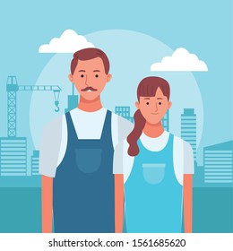 cartoon man and woman standing over urban city buildings background, colorful design , vector illustration