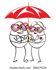 Cartoon man and woman standing with umbrella