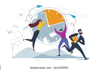 Cartoon Man and Woman Stop Clock Hands. Businessman Run Vector Illustration. Paper Sheet Fly, Deadline Stress. Time Management. Paperwork Overload, Document Work Problem. Man Woman Office Worker