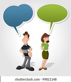 Cartoon man and woman talking with speech balloon