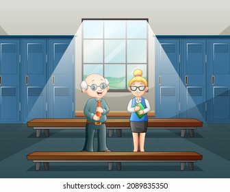 Cartoon man and woman teacher in a locker room
