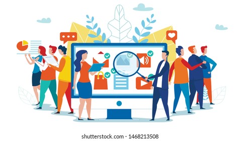 Cartoon Man and Woman Team Work with Network Applications Icons on PC Monitor Analyzing Popularity and Social Activity. Feedback Consumer, Customer Review Evaluation. Vector Isolated Flat Illustration