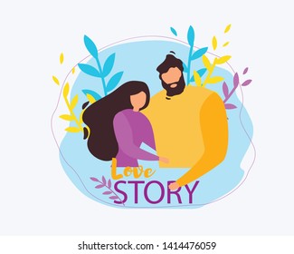 Cartoon Man and Woman Together, Couple Hug Love Story Vector Illustration. Family Husband and Wife, Girlfriend and Boyfriend Relationship. Romantic Background Happy Anniversary Wedding Dating Card