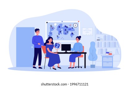Cartoon man and woman turning to travel agency. Flat vector illustration. Wife and husband, happy couple planning joint trip with help of travel agent, sitting in office. Romantic trip, travel concept