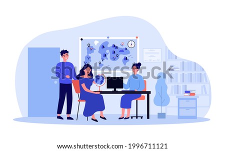 Cartoon man and woman turning to travel agency. Flat vector illustration. Wife and husband, happy couple planning joint trip with help of travel agent, sitting in office. Romantic trip, travel concept