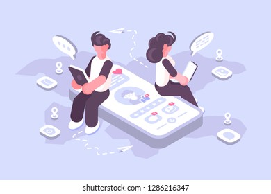 Cartoon man and woman using social media on modern gadgets. Teens surfing internet web site apps with account profile vector illustration. Connecting people together with cutting-edge technology