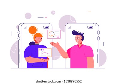 Cartoon man and woman video chatting online. Girl and boy communicate via internet application using mobile application vector illustration. Social media and communication concept