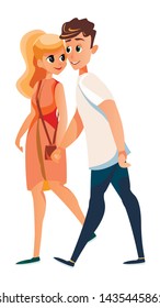 Cartoon Man and Woman Walk Holding Hands Vector Illustration. Romantic Relationship Love Couple. Boyfriend Girlfriend Dating. Valentine Holiday Anniversary Celebration. Wife Husband