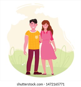 Cartoon Man and Woman Walk In Park Vector Illustration. Girl and Boy Holding Hands. Summer Day Outdoors Date. Boyfriend Girlfriend Dating. Love Romantic Relationship. Anniversary Celebration