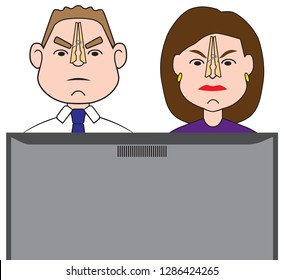 A cartoon man and woman are watching a TV show they are not happy with
