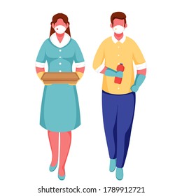 Cartoon Man and Woman wear Protective Mask, holding Parcel with Bottle on White Background For Avoid Coronavirus.