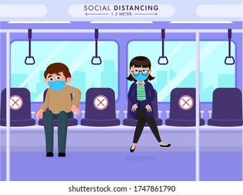 Cartoon Man and woman wearing mask keeping distance 1.5 meter to prevent from Coronavirus (Covid-19) at Train.