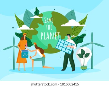 Cartoon Man and Women Working Together with Solar Panel, Recycling Bin, Eco Bulb, Windmills and Earth Globe for Save The Planet Concept.