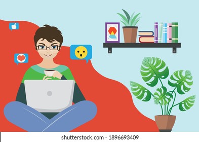 Cartoon-Mann arbeitet auf einem Laptop, ferne Lernen, Arbeit oder Chat online in sozialen Medien, Concept-Illustration.