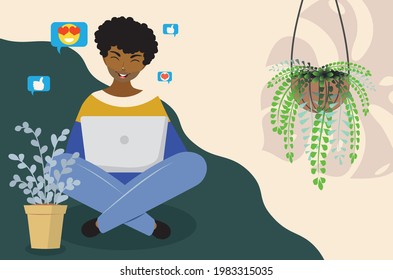 El caricaturista trabaja en una laptop, aprendizaje distante, trabajo o charla en línea en medios sociales, ilustración conceptual.