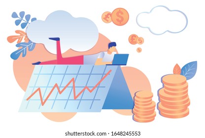 Caricaturista Trabajo en Portátil, Ilustración de vectores gráficos de monedas de crecimiento. Crecimiento del diagrama de ingresos de la eficiencia financiera. Aumento del salario de planificación de la productividad laboral de los empleados. Ganancias por cuenta propia