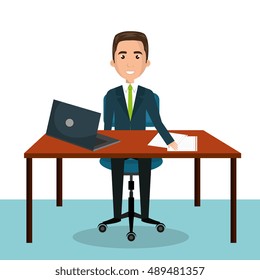 cartoon man worker on computer desktop sitting graphic