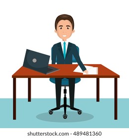 cartoon man worker on computer desktop sitting graphic