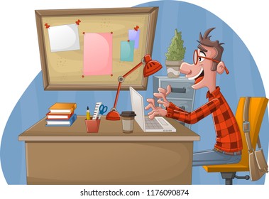 Homem de desenhos animados trabalhando com computador. Espaço de trabalho do Office com mesas. 