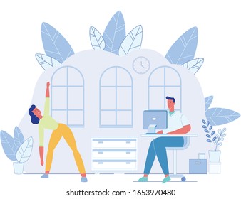 Cartoon Man Working at Computer and Woman Doing Exercise. Meditation and Break. Body Health Benefits. Medical Advice for Disease, Deformities and Spinal Disorders Prevention. Vector Flat Illustration