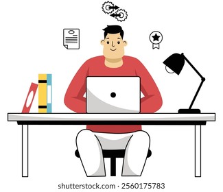 Cartoon man working at a desk with a laptop, books, and a lamp, symbolizing productivity and achievement. - Powered by Shutterstock - Get 15% off with code: PIKWIZARD15