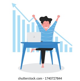 A cartoon of man is working from home with computer