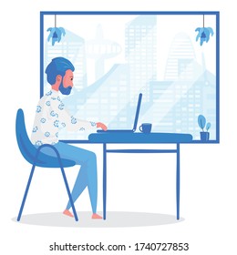 A cartoon of man is working from home with computer by the window